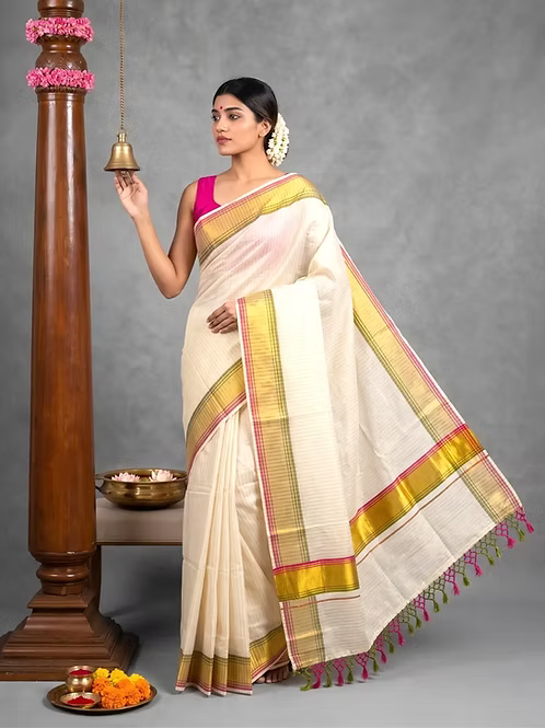 Pea Green & Pink Stripe Kasavu Saree With Gold Zari Border MJ135