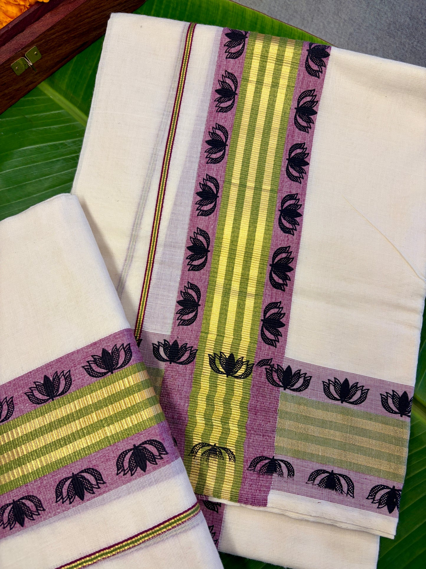 Lotus Border Golden Kerala Kasavu Cotton Setmundu MJ134