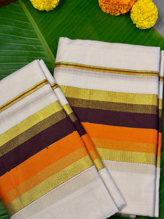 Pumpkin Orange & Coffee Brown Golden Kasavu Cotton Setmundu MJ136