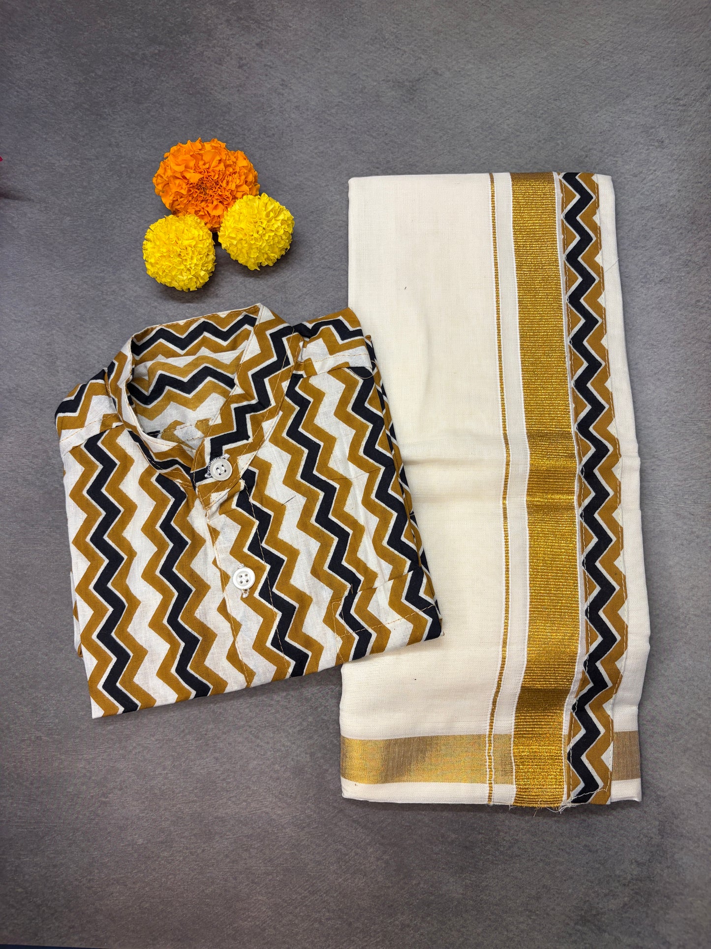 Boys Zigzag Print Cotton Shirt with Velcro Golden Kasavu Mundu Combo MJ168