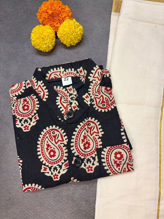 Boys Black Paisley Cotton Shirt with Velcro Golden Kasavu Mundu Combo MJ169