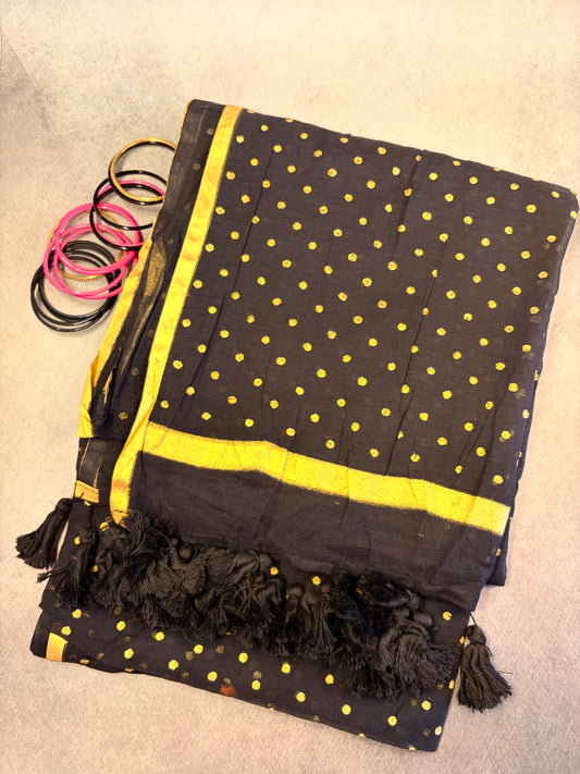 Black Mulmul Cotton Saree with Gold Polka Dots & Handmade Tassels MJ153