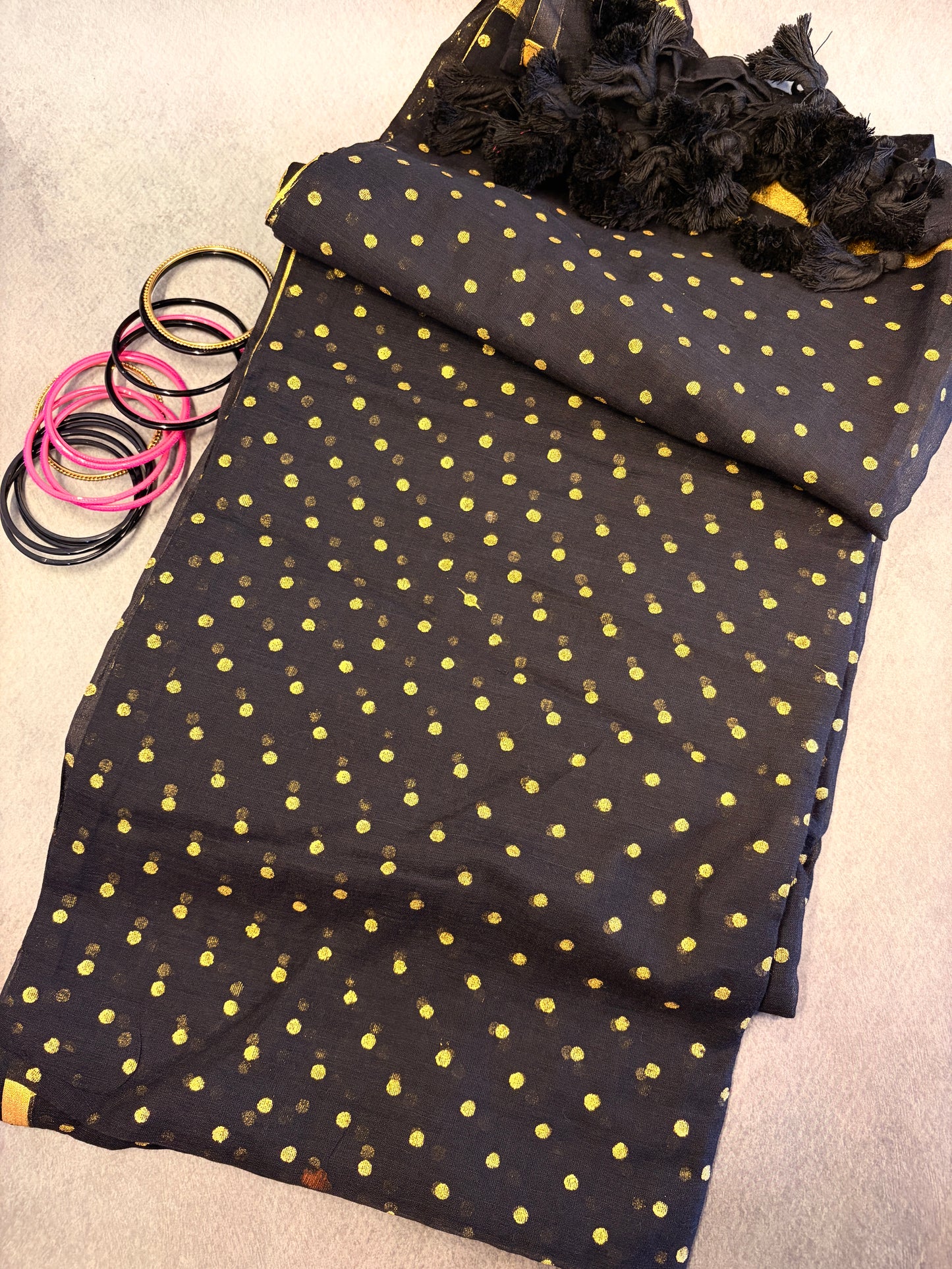 Black Mulmul Cotton Saree with Gold Polka Dots & Handmade Tassels MJ153