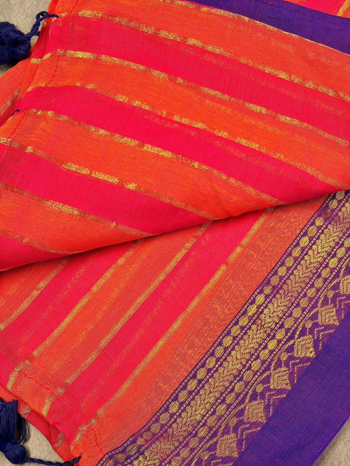 Pink & Orange Mul Cotton Saree with Royal Blue Zari Border MJ155