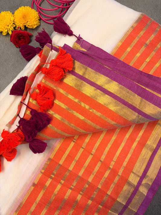 White 120 Count Mul Cotton Saree with Coral Orange & Purple Zari Border MJ157