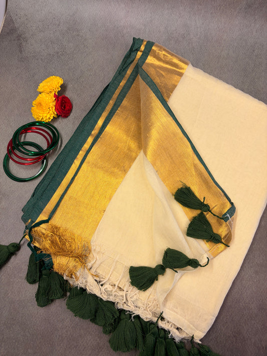 120 Count Mul Cotton Kerala Kasavu Saree with Green Zari Border MJ159