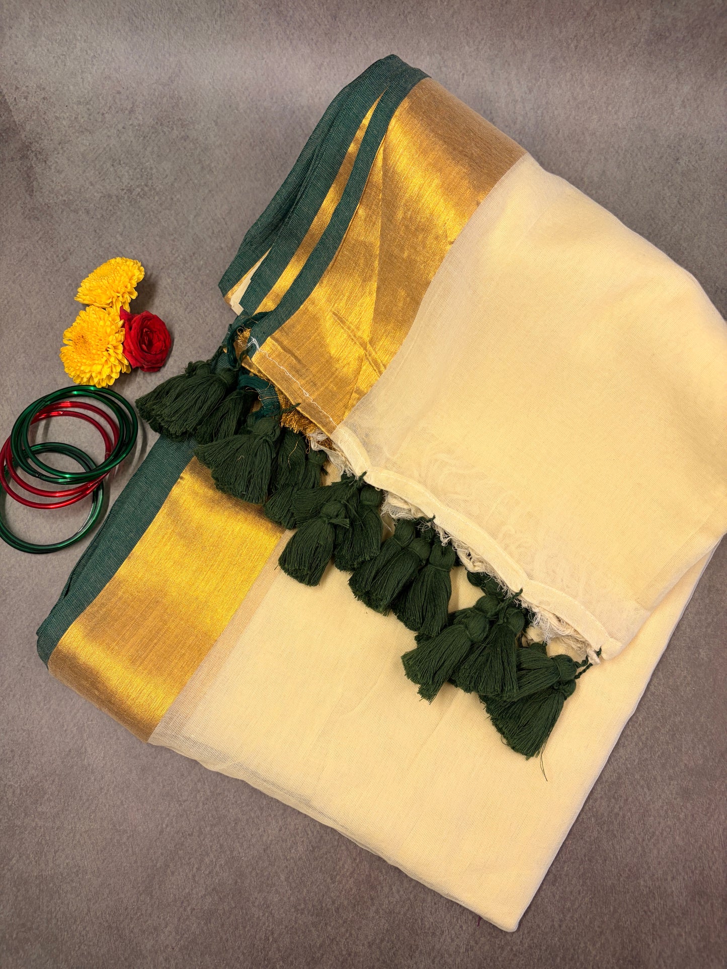120 Count Mul Cotton Kerala Kasavu Saree with Green Zari Border MJ159