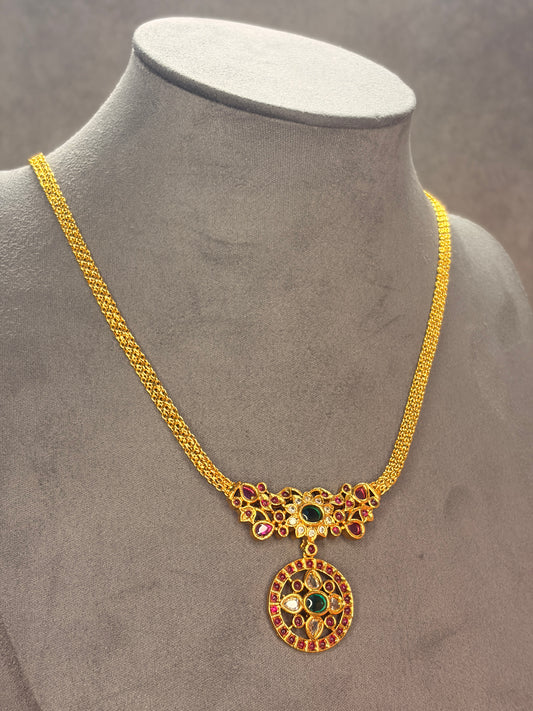 Matt Gold Pendant Necklace Set with Green & Ruby Stones MJ132