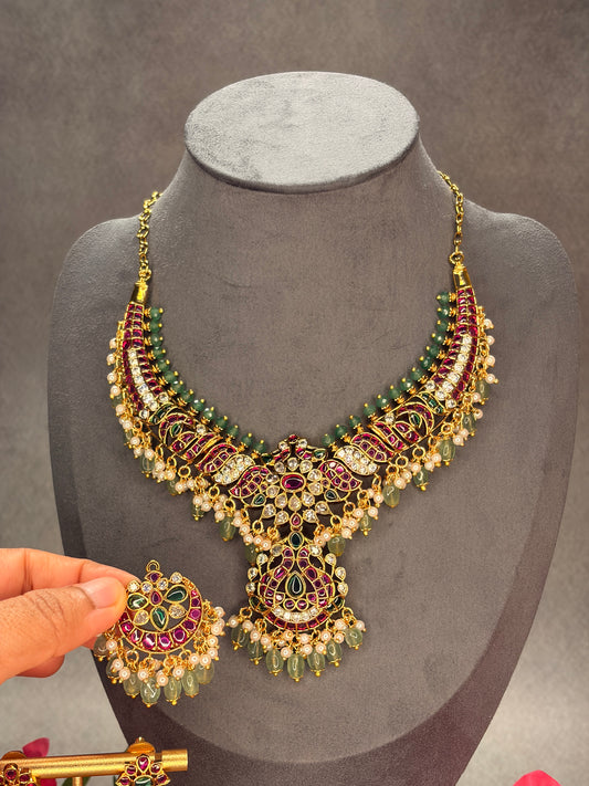 2-in-1 Matt Gold Jadau Kundan Necklace Set with Two Interchangeable Pendants MJ183