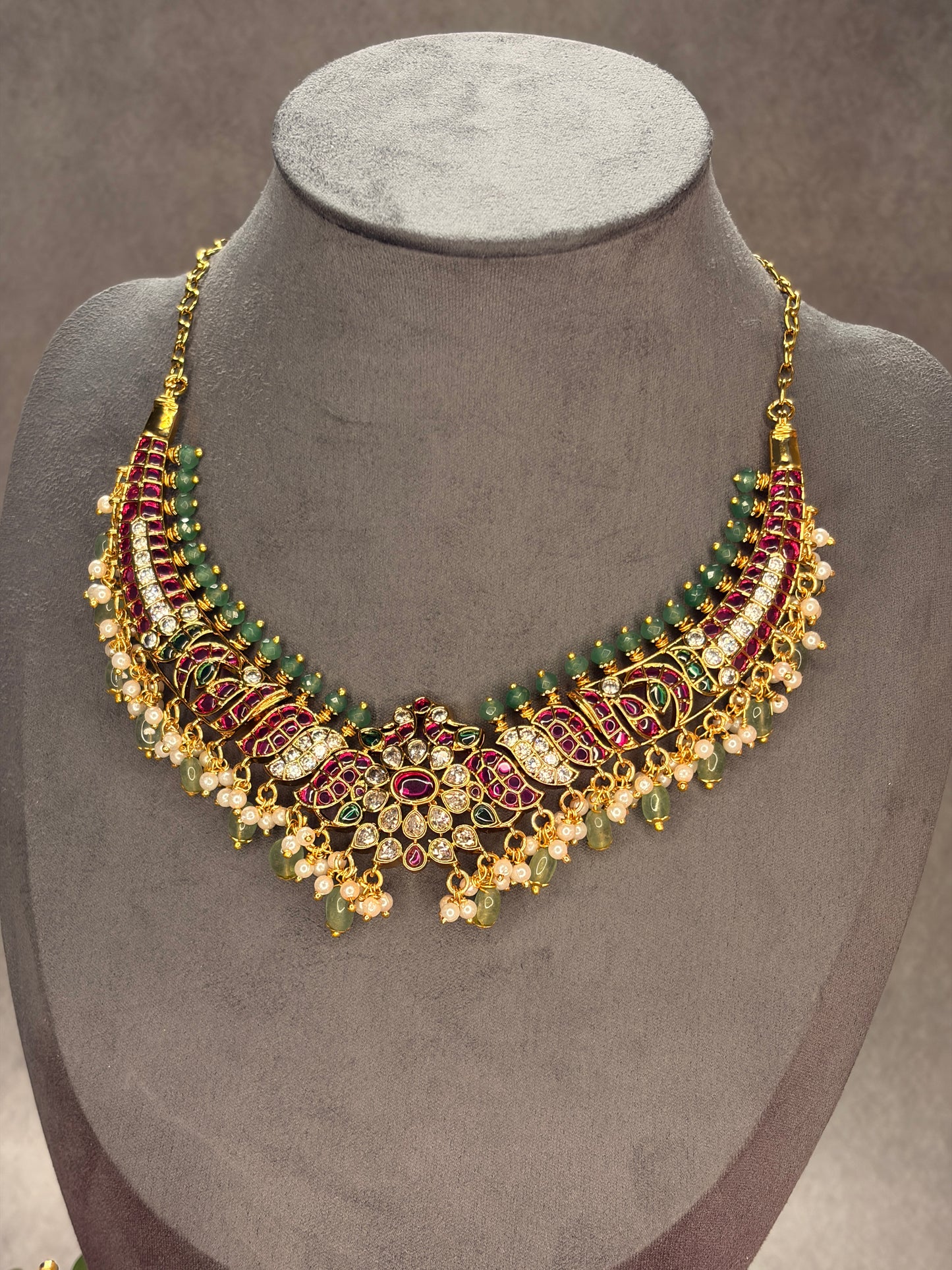 2-in-1 Matt Gold Jadau Kundan Necklace Set with Two Interchangeable Pendants MJ183