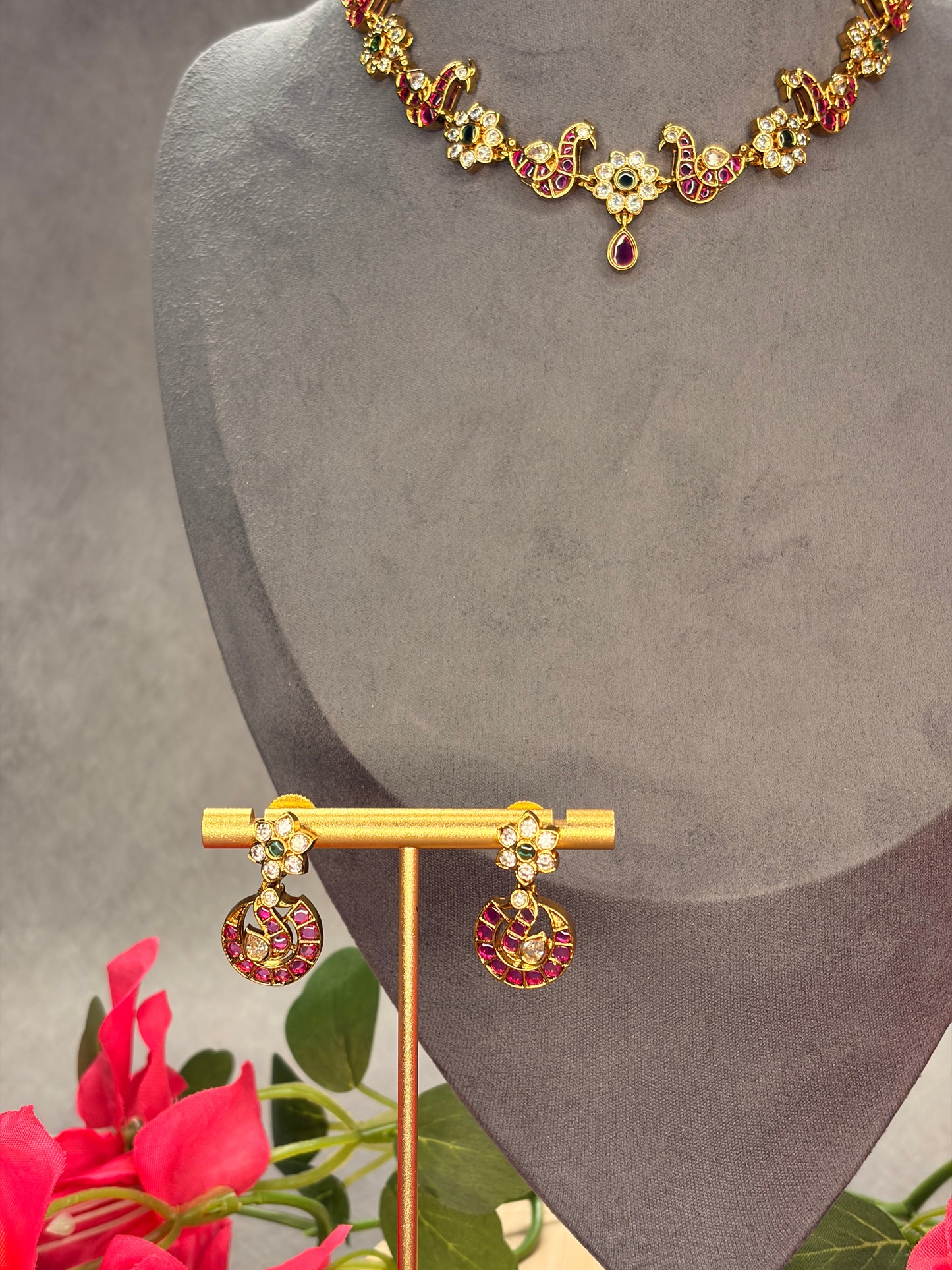 Matt Gold Jadau Kundan Peacock Necklace Set MJ182
