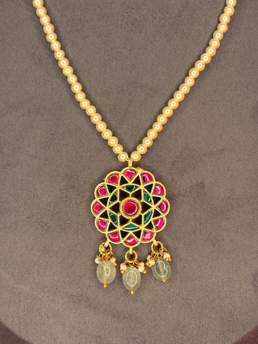 Jadau Kundan Pearl Mala Necklace with Floral Pendant MJ81