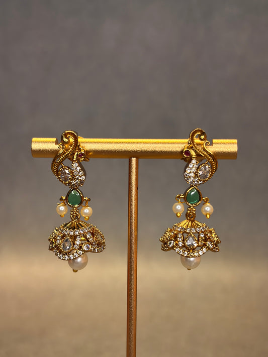 Matt Gold CZ Jhumka Earrings with Green Stone & Pearl Drop MJ189