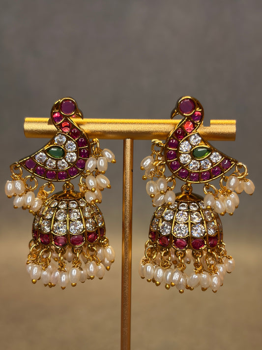 Jadau Kundan Peacock Jhumka Earrings with Pearl Danglers MJ91