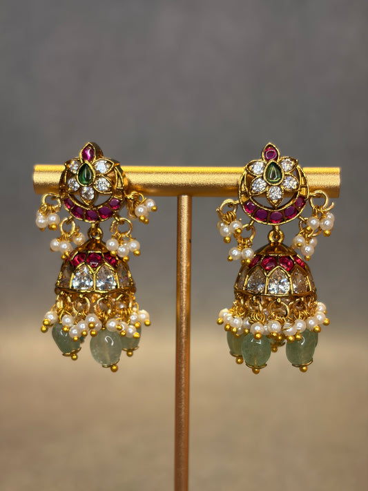 Jadau Kundan Jhumka Earrings with Pearl & Green Bead Drops MJ192