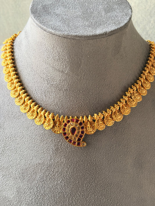 Lakshmi Coin Necklace with Mango Ruby Earrings MJ126