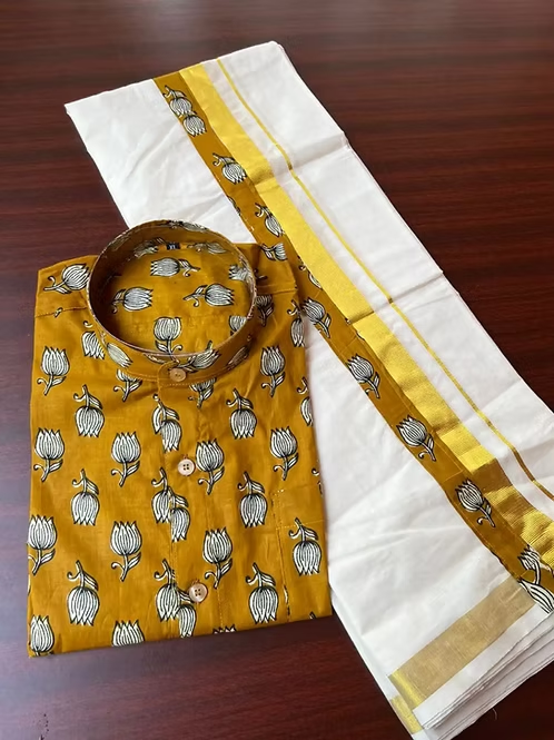 Lotus Mustard Ajrakh Kasavu Mundu & Shirt Combo MJ164