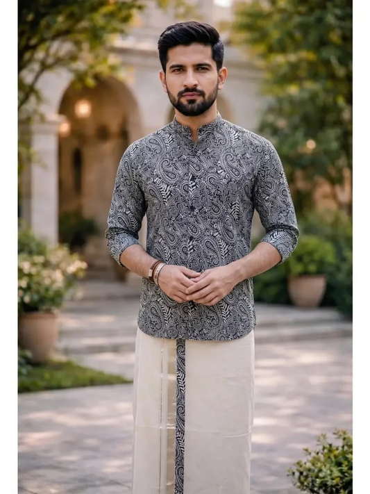 Black & White Paisley Ajrakh Shirt with Silver Kasavu Mundu Combo MJ166