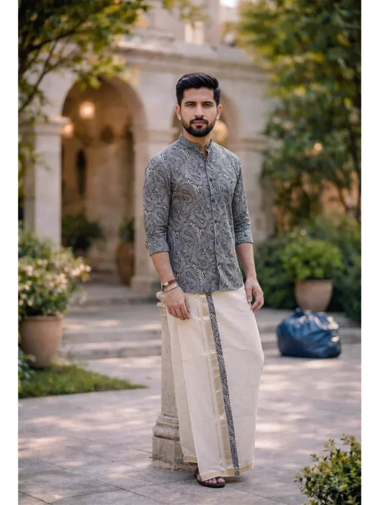 Black & White Paisley Ajrakh Shirt with Silver Kasavu Mundu Combo MJ166
