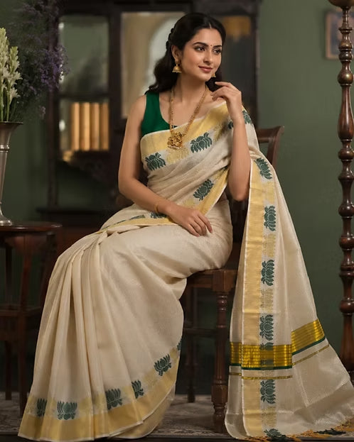 Maroon & Green Lotus Balaramapuram Kasavu Saree MJ142
