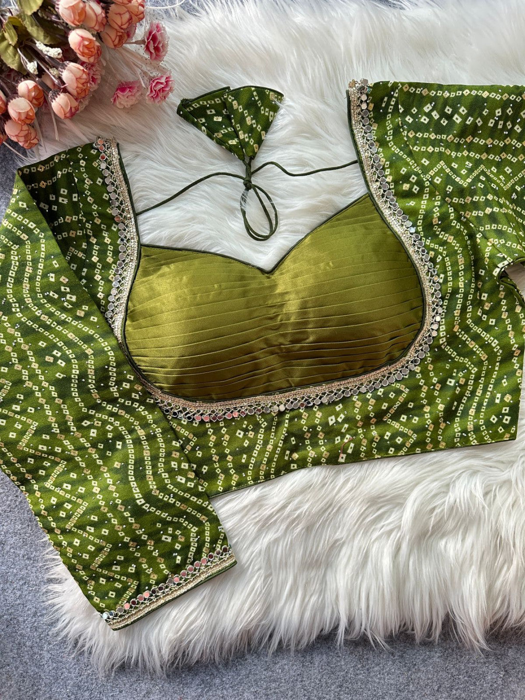 Cotton Bandhani Print Blouse with Mirror Work MJ174