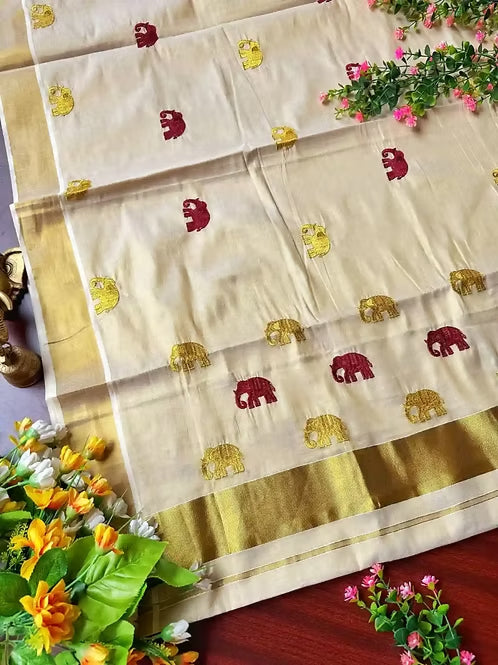 Maroon & Golden Elephant Embroidery Kasavu Tissue Saree MJ141