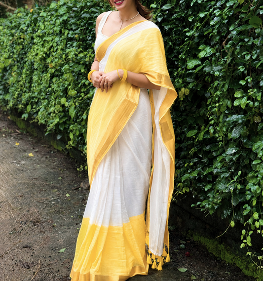Yellow & White 120 Count Mul Cotton Saree with Gold Zari Border MJ156