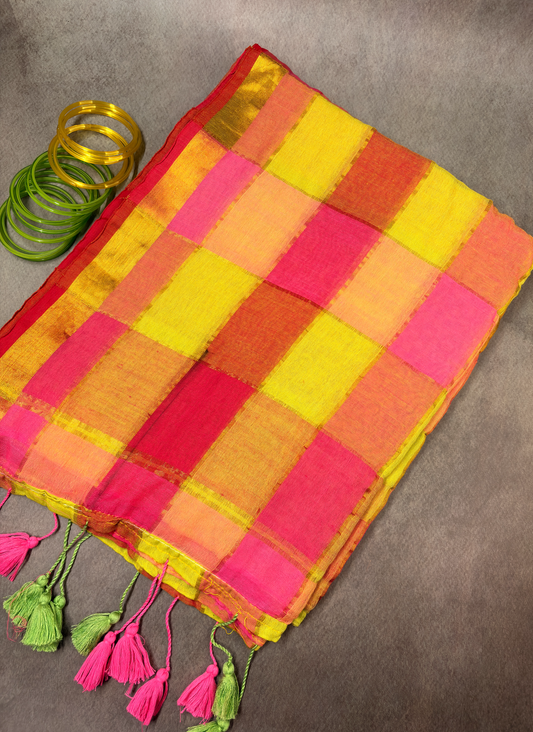 120 Count Multicolor Checked Cotton Saree with Gold Zari Border & Handmade Tassels MJ163
