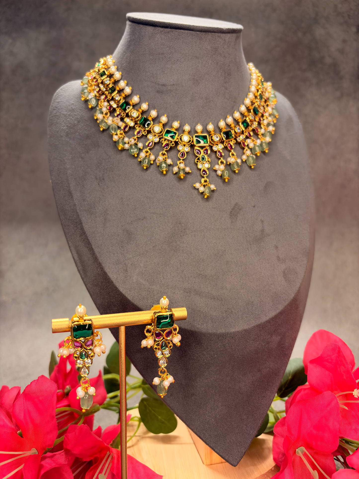 Antique Emerald Pearl Necklace Set MJ129