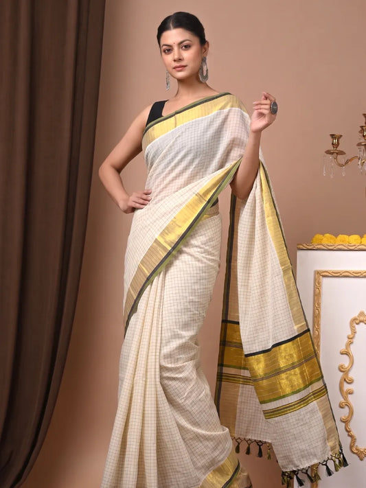 Micro Checks Pea Green & Violet Premium Kasavu Saree MJ139