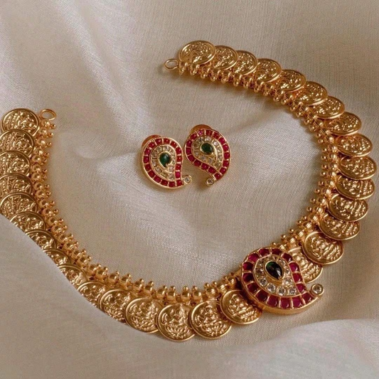 Lakshmi Coin Necklace with Mango Ruby Earrings MJ126
