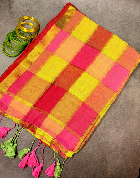 120 Count Multicolor Checked Cotton Saree with Gold Zari Border & Handmade Tassels MJ163