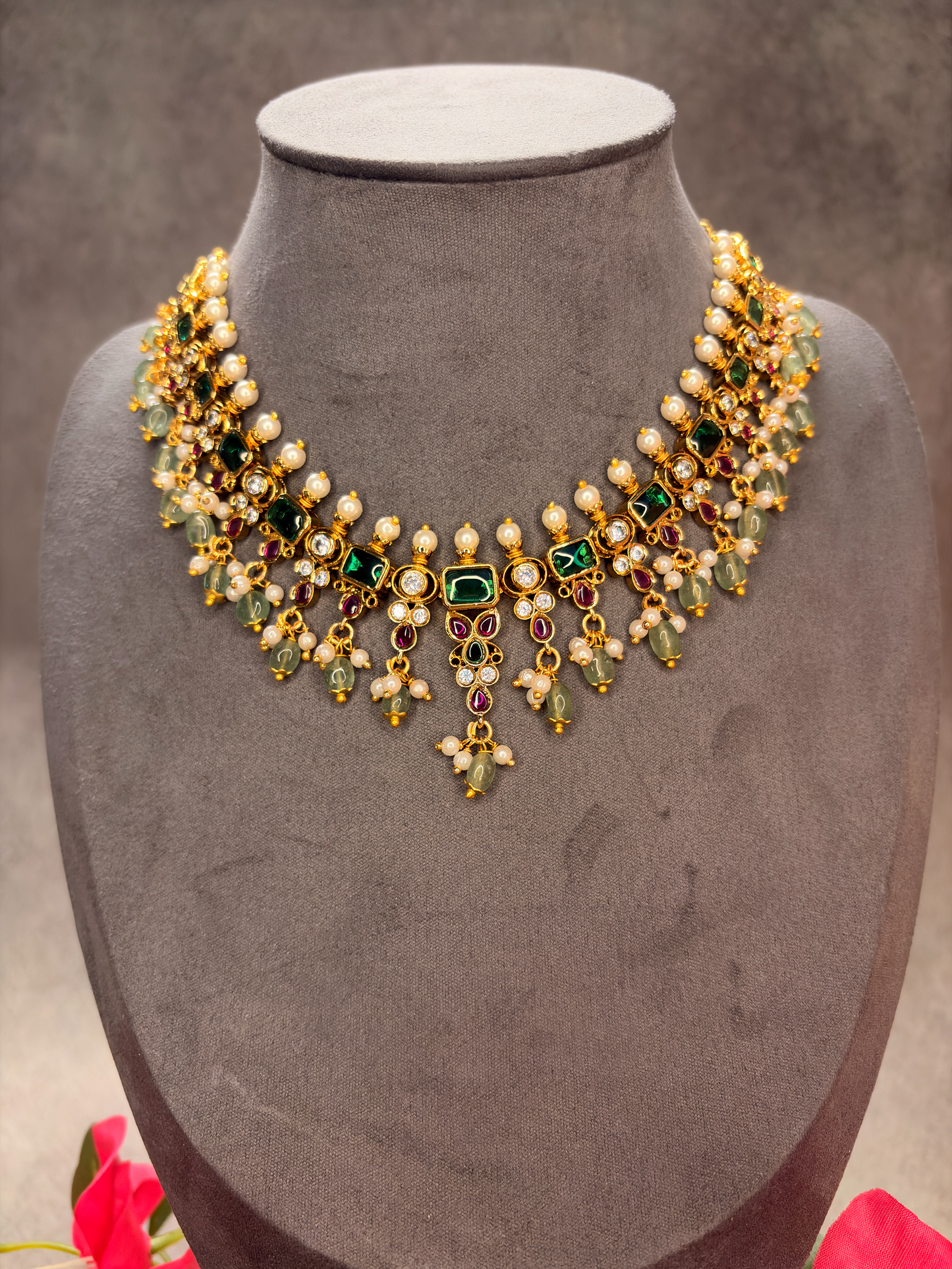 Antique Emerald Pearl Necklace Set MJ129