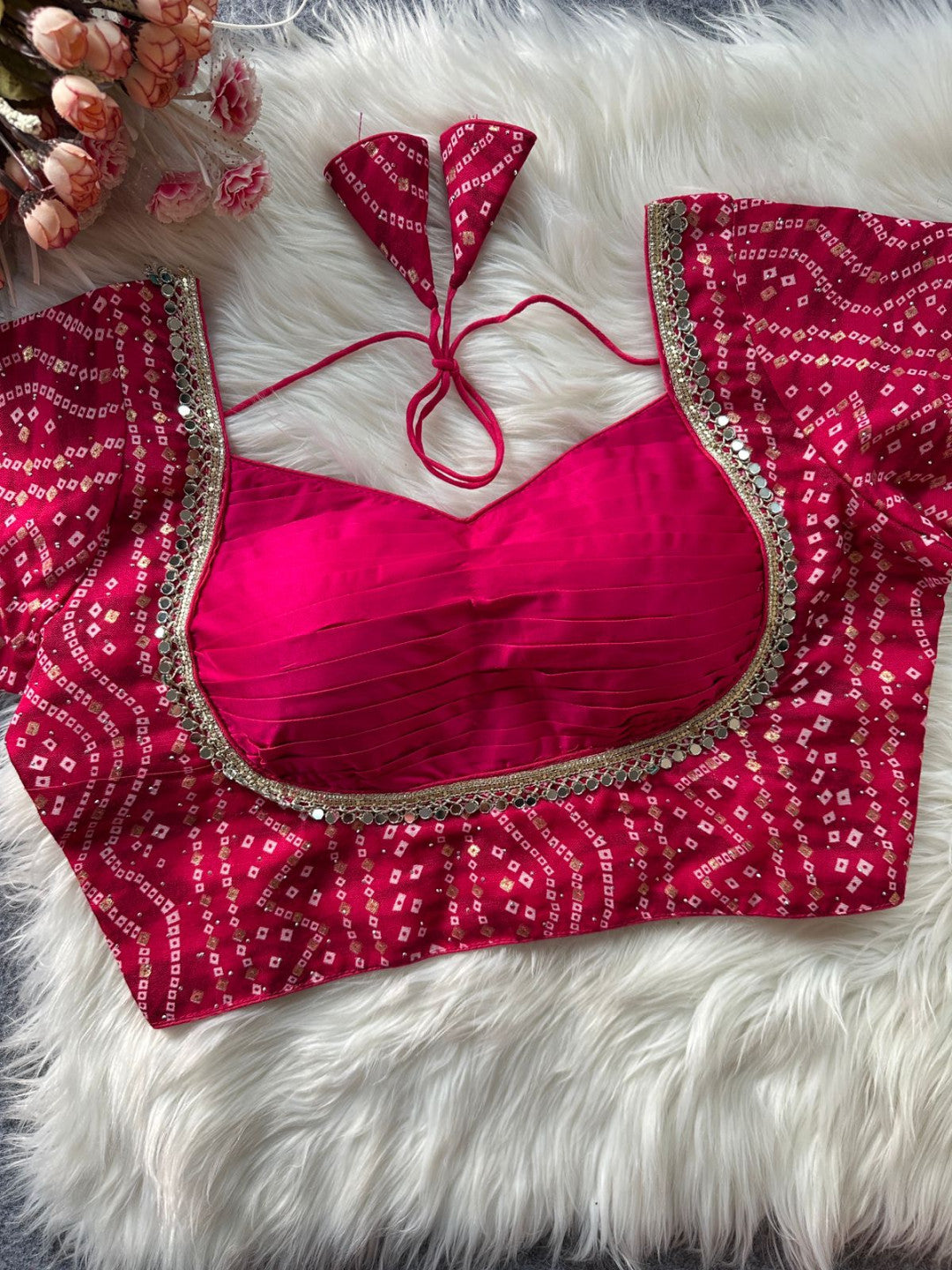 Cotton Bandhani Print Blouse with Mirror Work MJ174