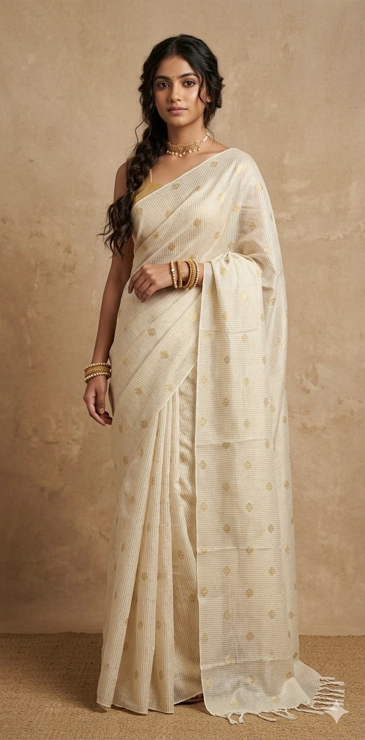 Kerala Kasavu Saree with Gold Butta & Tassels MJ147