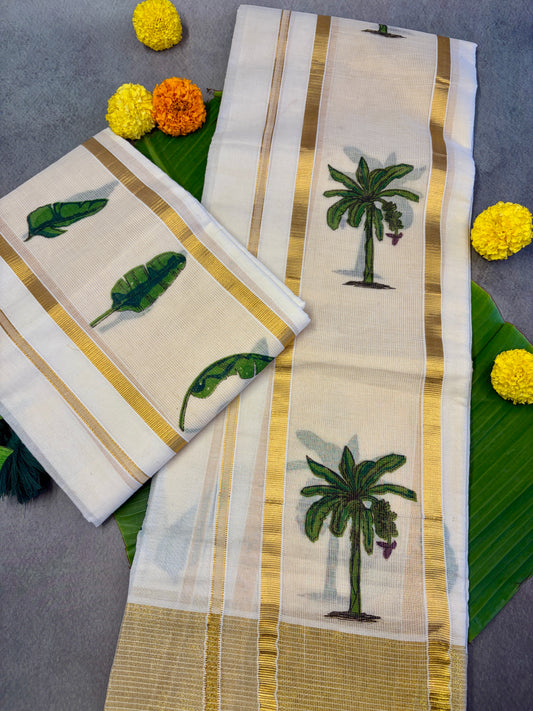 Banana Leaf Designer Kasavu Premium Cotton Setmundu MJ133