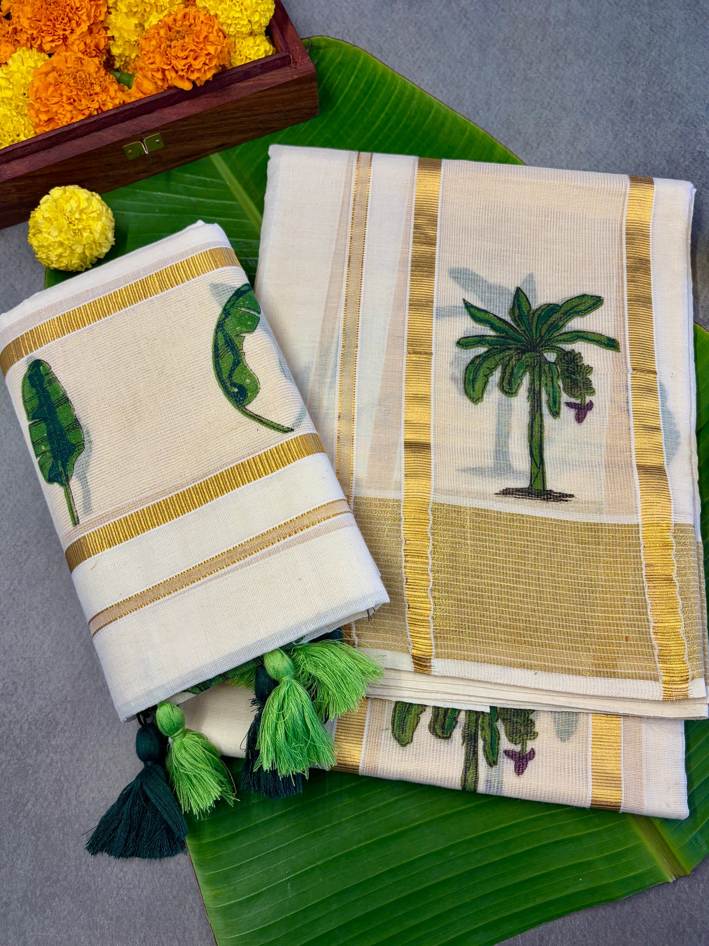 Banana Leaf Designer Kasavu Premium Cotton Setmundu MJ133