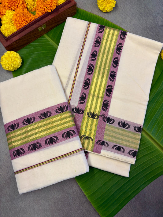 Lotus Border Golden Kerala Kasavu Cotton Setmundu MJ134