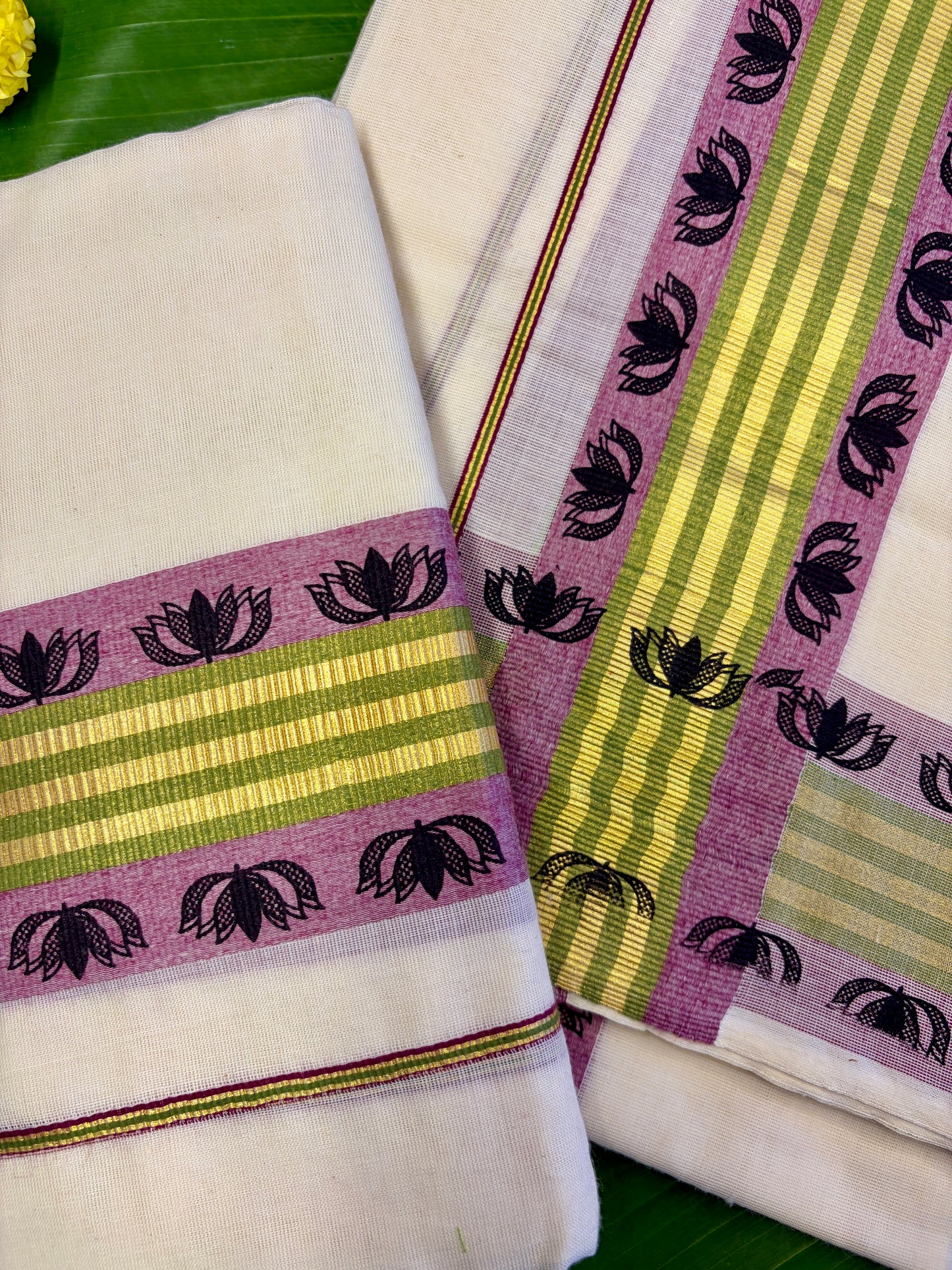 Lotus Border Golden Kerala Kasavu Cotton Setmundu MJ134