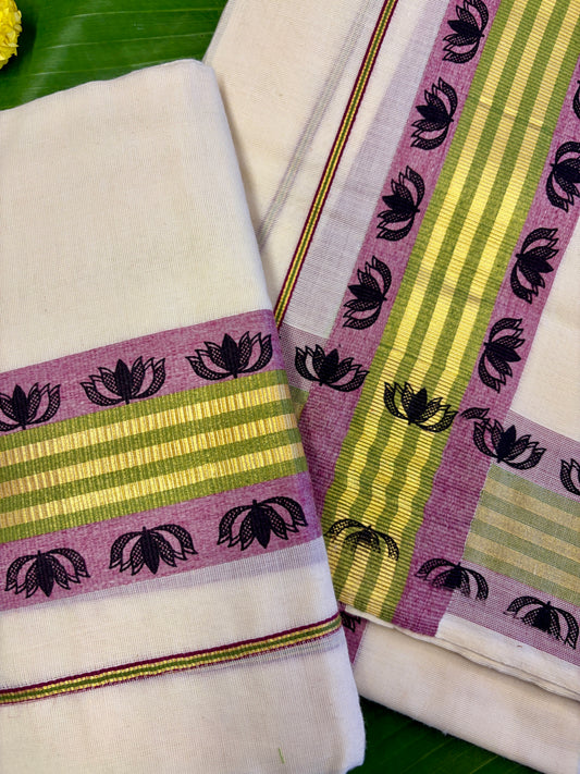 Lotus Border Golden Kerala Kasavu Cotton Setmundu MJ134