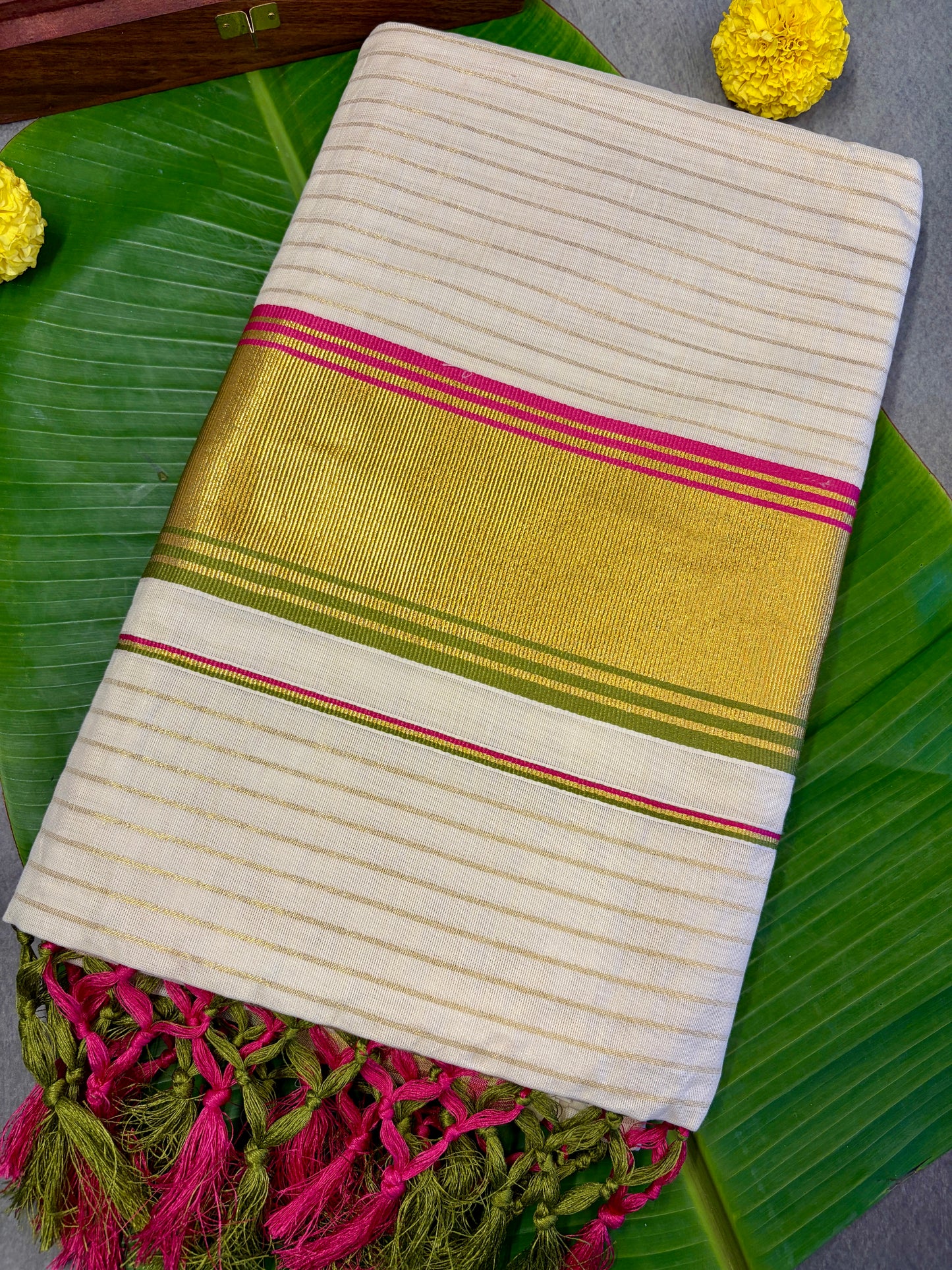 Pea Green & Pink Stripe Kasavu Saree With Gold Zari Border MJ135