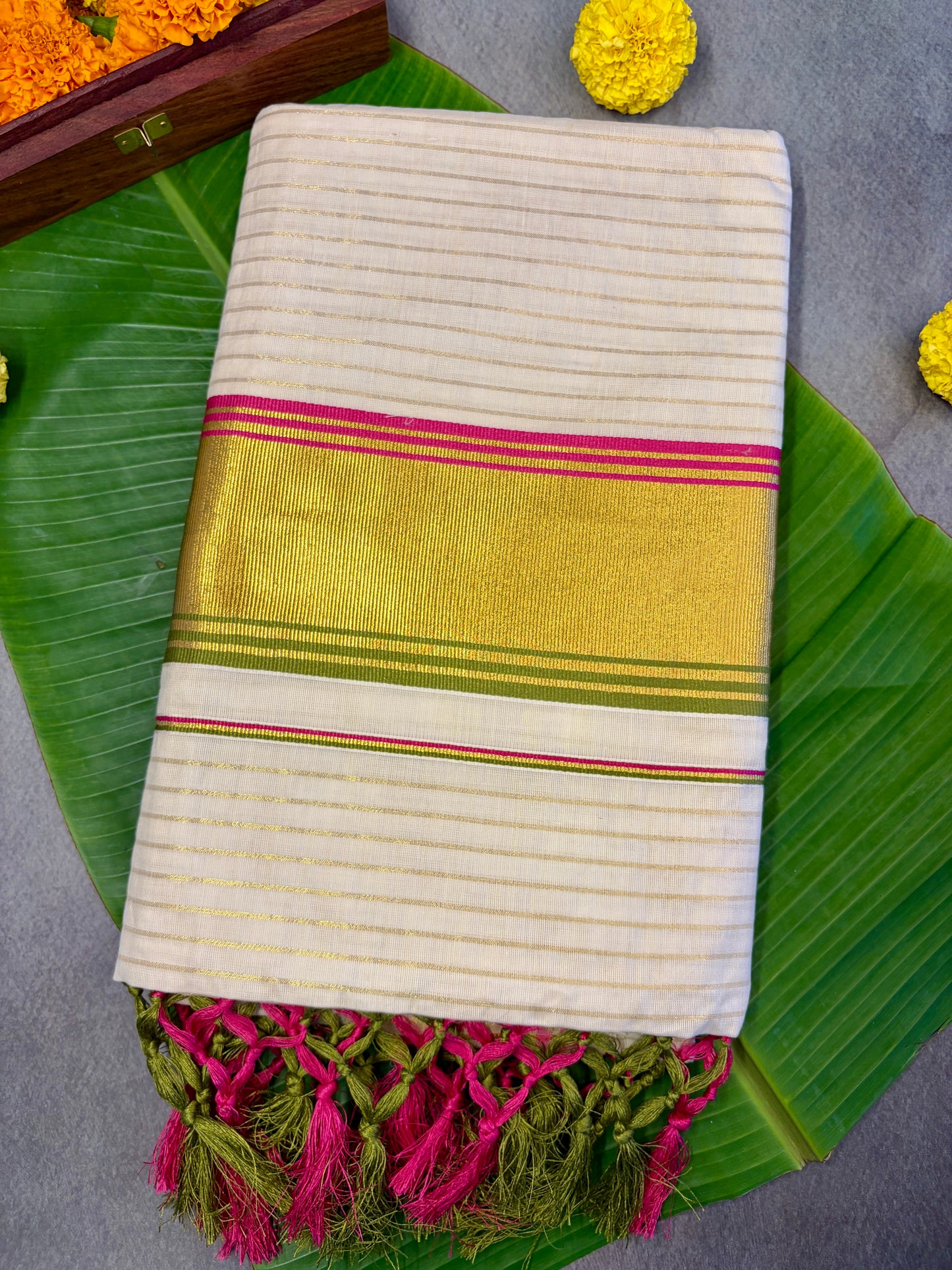 Pea Green & Pink Stripe Kasavu Saree With Gold Zari Border MJ135