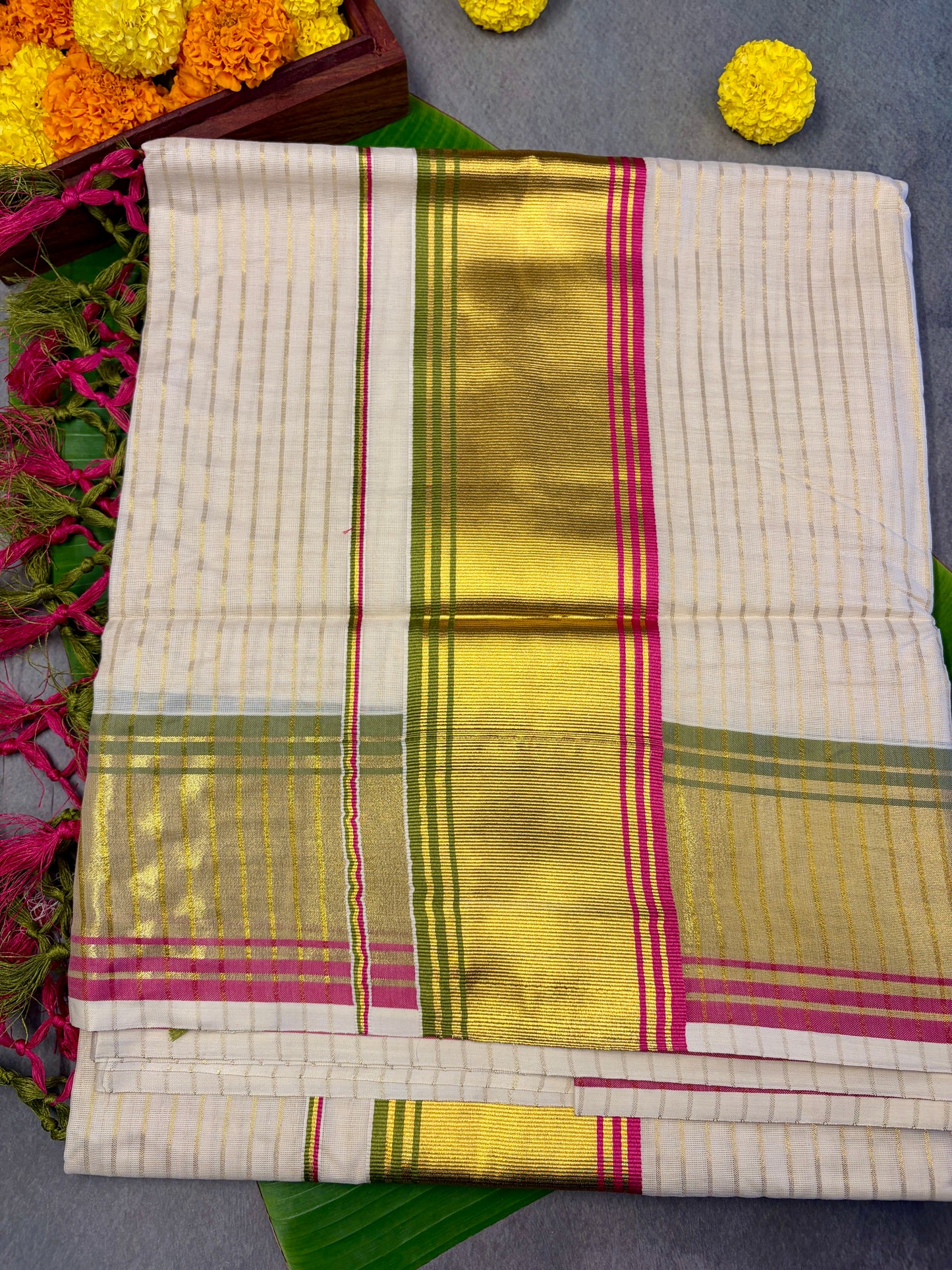 Pea Green & Pink Stripe Kasavu Saree With Gold Zari Border MJ135