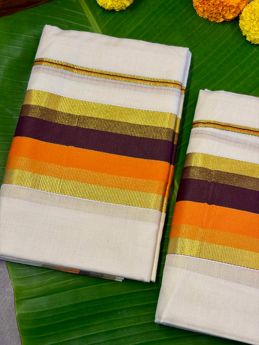 Pumpkin Orange & Coffee Brown Golden Kasavu Cotton Setmundu MJ136