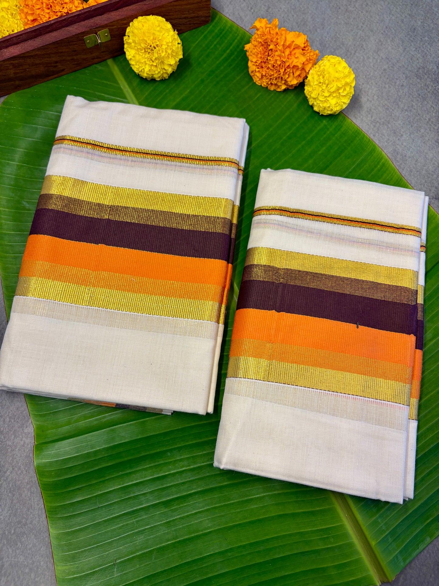 Pumpkin Orange & Coffee Brown Golden Kasavu Cotton Setmundu MJ136