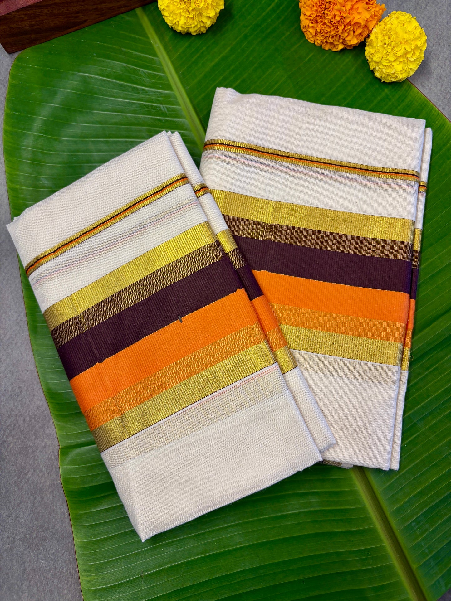 Pumpkin Orange & Coffee Brown Golden Kasavu Cotton Setmundu MJ136