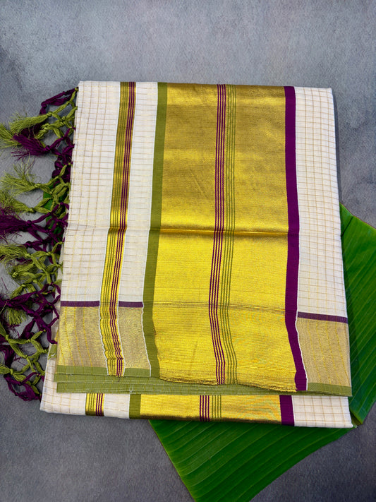 Micro Checks Pea Green & Violet Premium Kasavu Saree MJ139