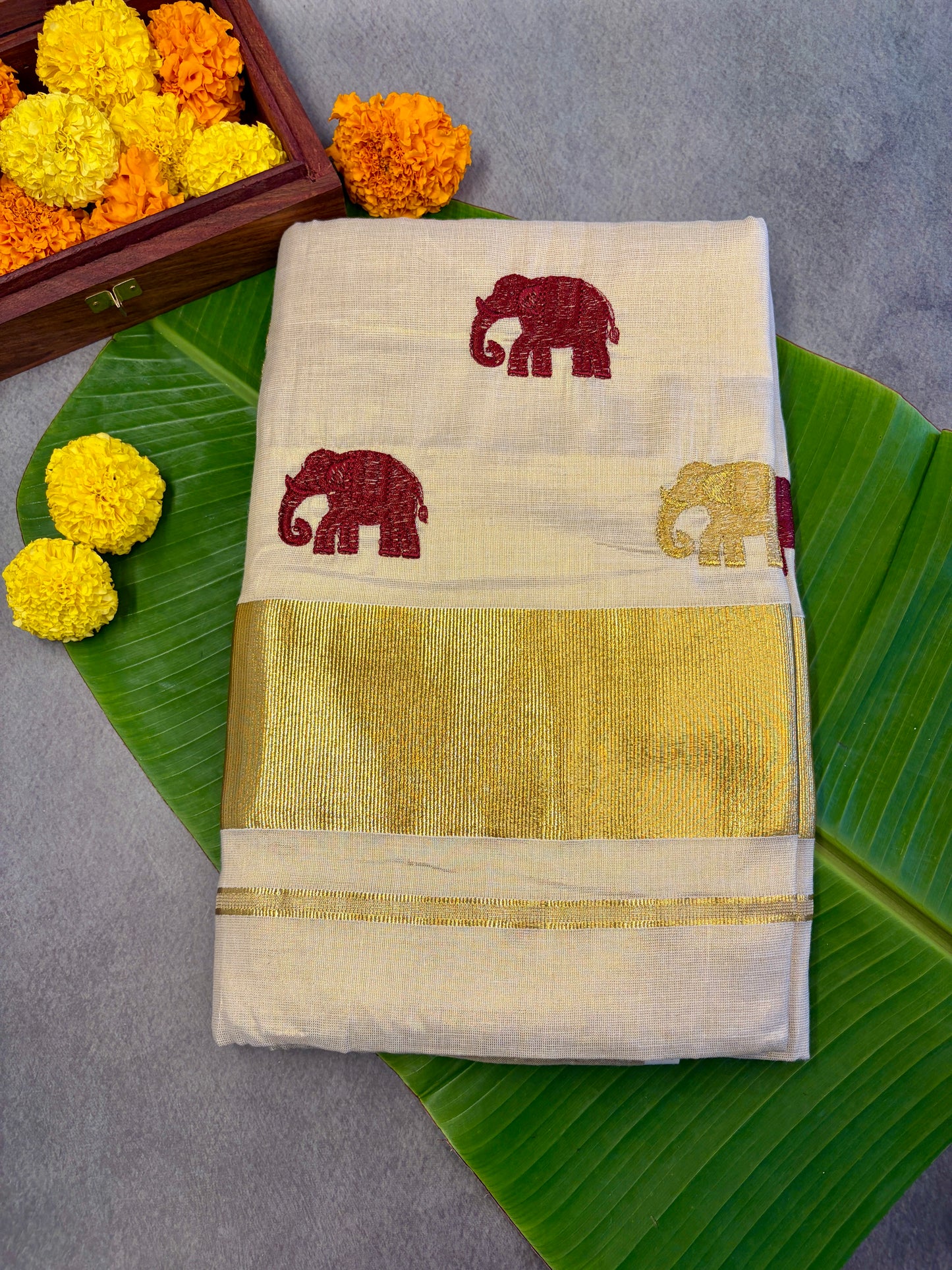 Maroon & Golden Elephant Embroidery Kasavu Tissue Saree MJ141
