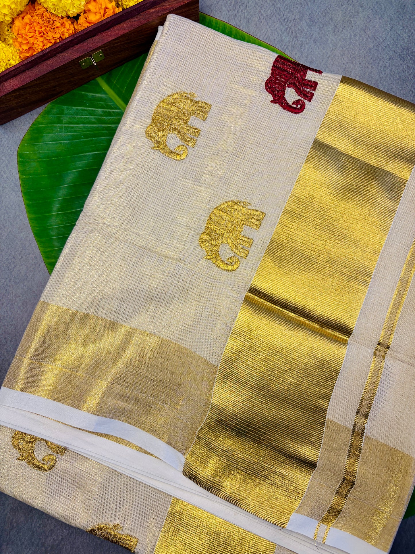 Maroon & Golden Elephant Embroidery Kasavu Tissue Saree MJ141