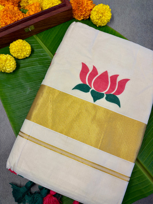Lotus Kasavu Cotton Kerala Saree with Tassels MJ144